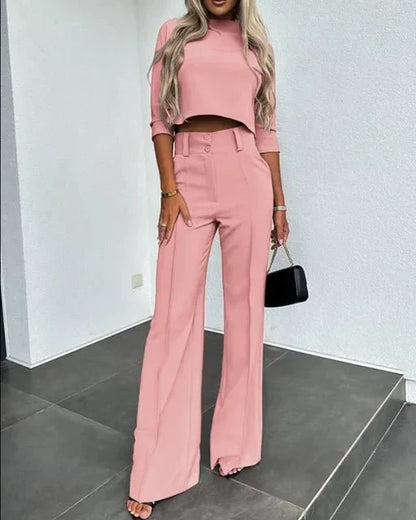 Women’s Cropped Top and Wide-Leg Trousers Set – Relaxed Two-Piece Outfit for Day or Evening