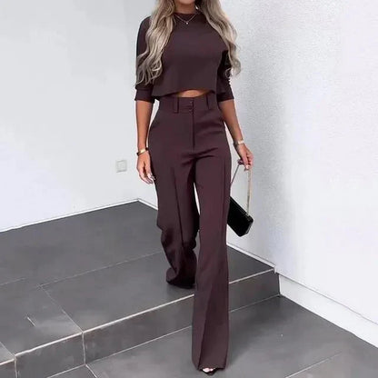 Women’s Cropped Top and Wide-Leg Trousers Set – Relaxed Two-Piece Outfit for Day or Evening