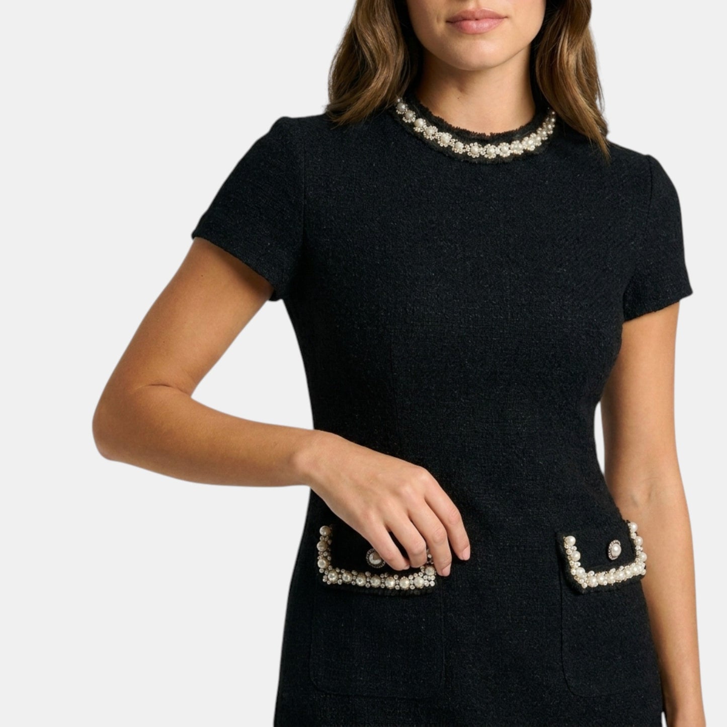 Women's Elegant Pearl Trim Mini Dress | Chic Short Sleeve Cocktail Dress LondonLaneStore