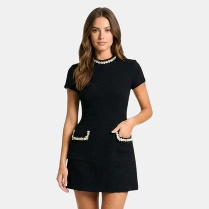 Women's Elegant Pearl Trim Mini Dress | Chic Short Sleeve Cocktail Dress LondonLaneStore
