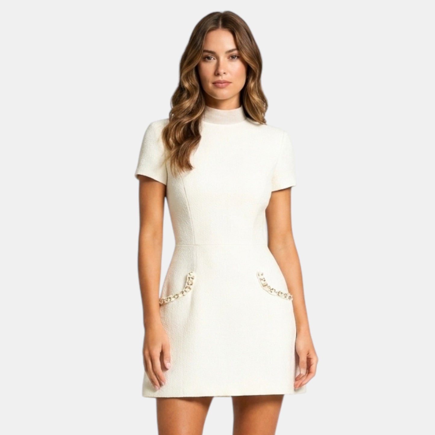 Women's Elegant Pearl Trim Mini Dress | Chic Short Sleeve Cocktail Dress LondonLaneStore