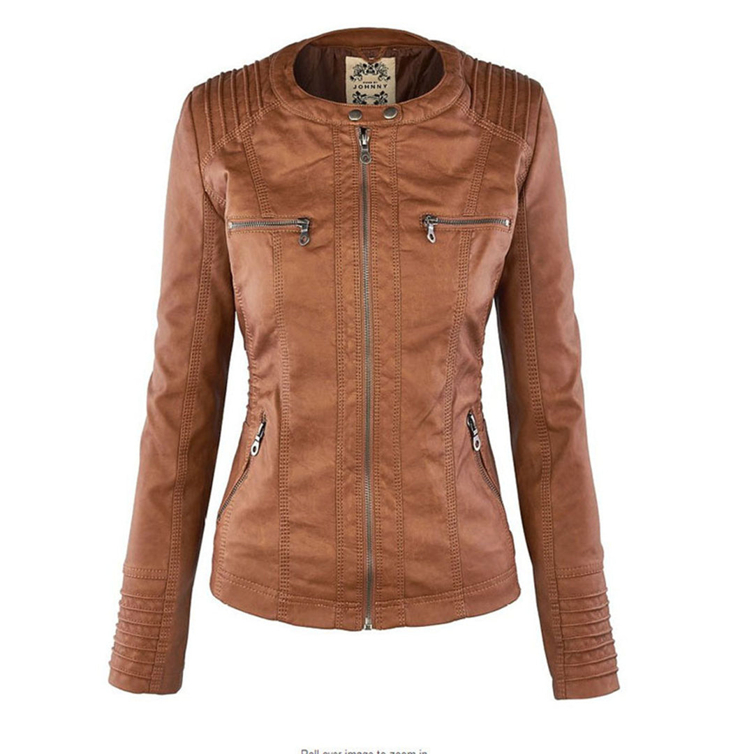 Women's Faux Leather Hooded Jacket with Full Zip Closure and Ribbed Panels