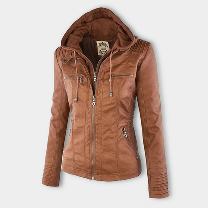 Women's Faux Leather Hooded Jacket with Full Zip Closure and Ribbed Panels