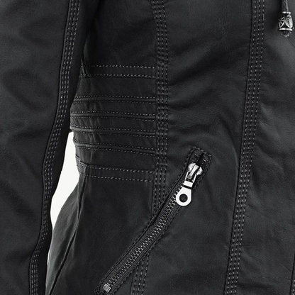 Women's Faux Leather Hooded Jacket with Full Zip Closure and Ribbed Panels