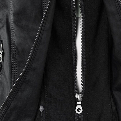 Women's Faux Leather Hooded Jacket with Full Zip Closure and Ribbed Panels
