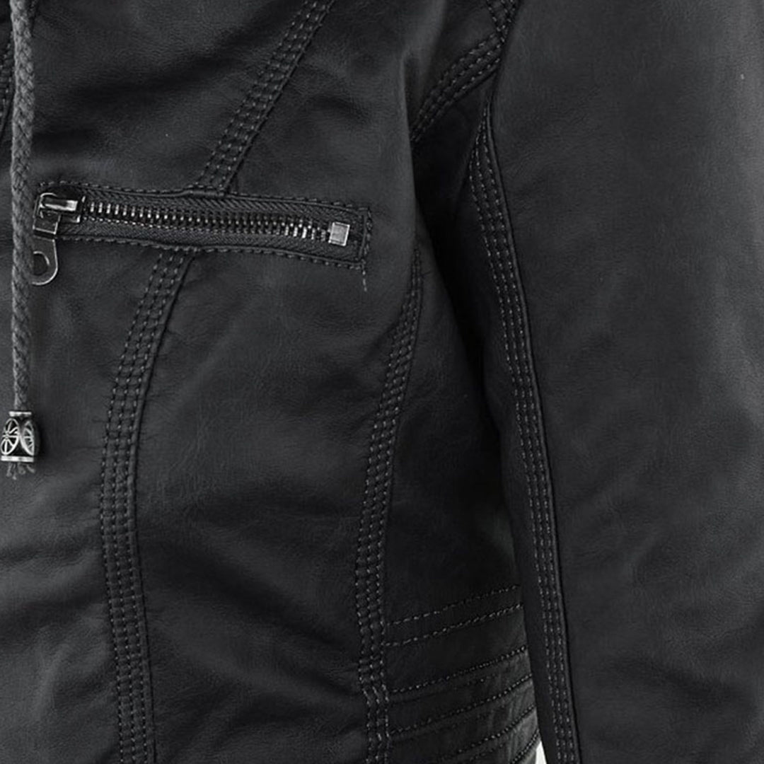 Women's Faux Leather Hooded Jacket with Full Zip Closure and Ribbed Panels