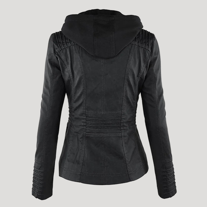 Women's Faux Leather Hooded Jacket with Full Zip Closure and Ribbed Panels