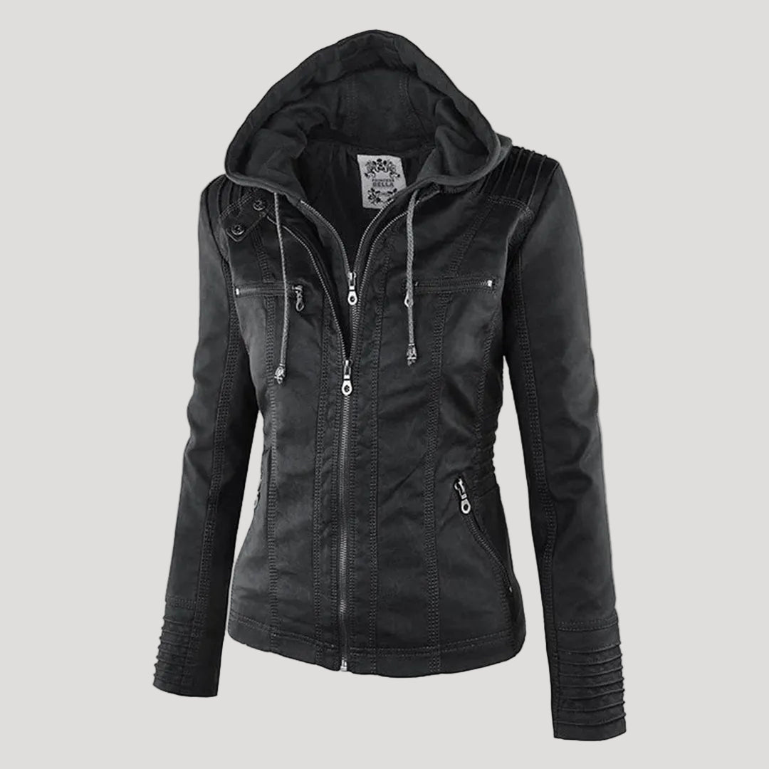 Women's Faux Leather Hooded Jacket with Full Zip Closure and Ribbed Panels