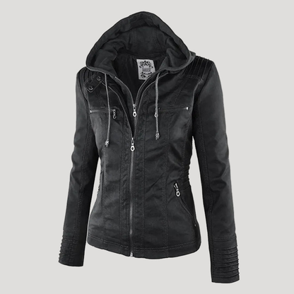 Women's Faux Leather Hooded Jacket with Full Zip Closure and Ribbed Panels