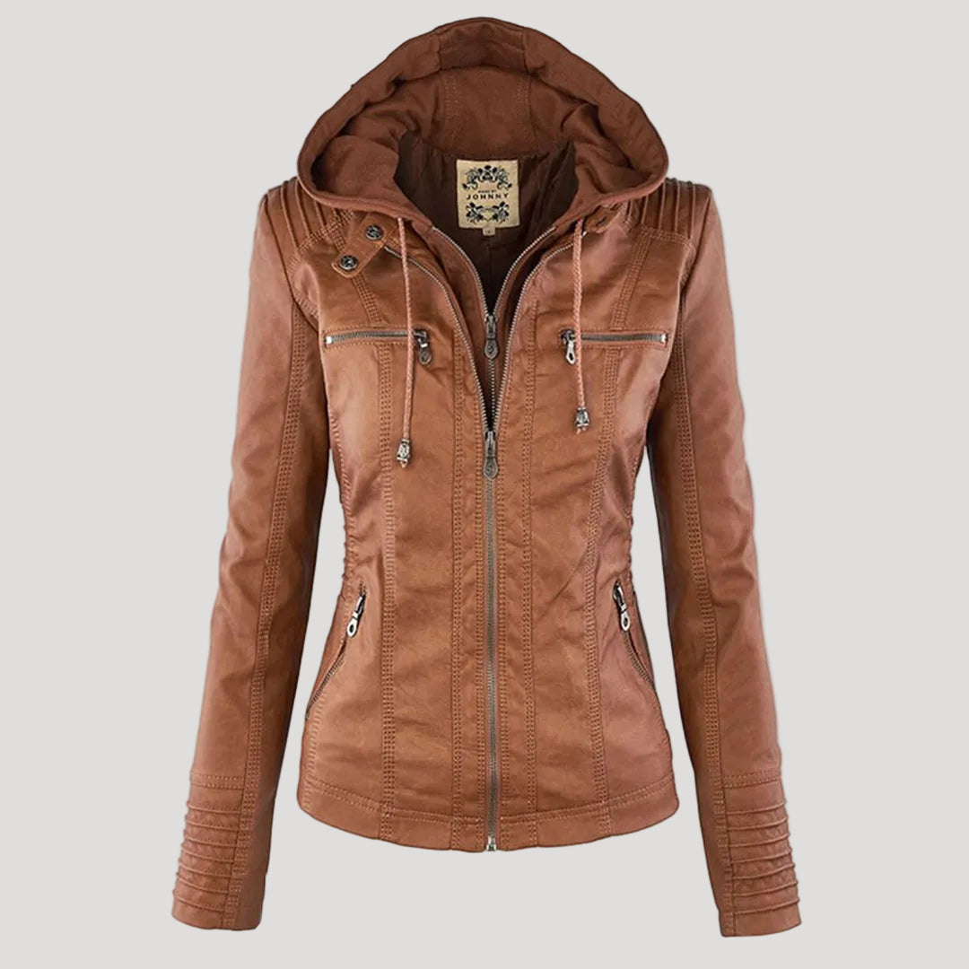 Women's Faux Leather Hooded Jacket with Full Zip Closure and Ribbed Panels