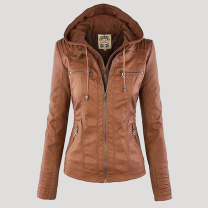 Women's Faux Leather Hooded Jacket with Full Zip Closure and Ribbed Panels