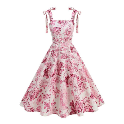 Women's Floral Print Sleeveless Dress with Tie Straps and Full A-Line Skirt