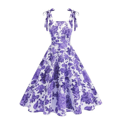 Women's Floral Print Sleeveless Dress with Tie Straps and Full A-Line Skirt
