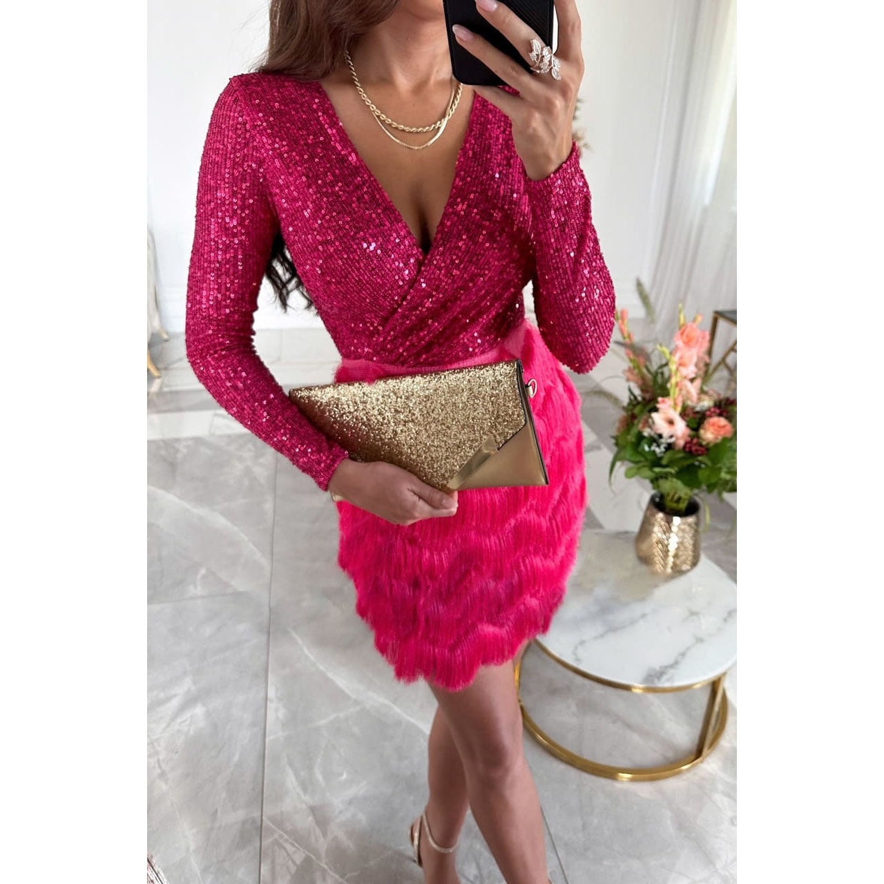 Women’s Glitter Mini Dress | Tailored Fit with Fringe Accents