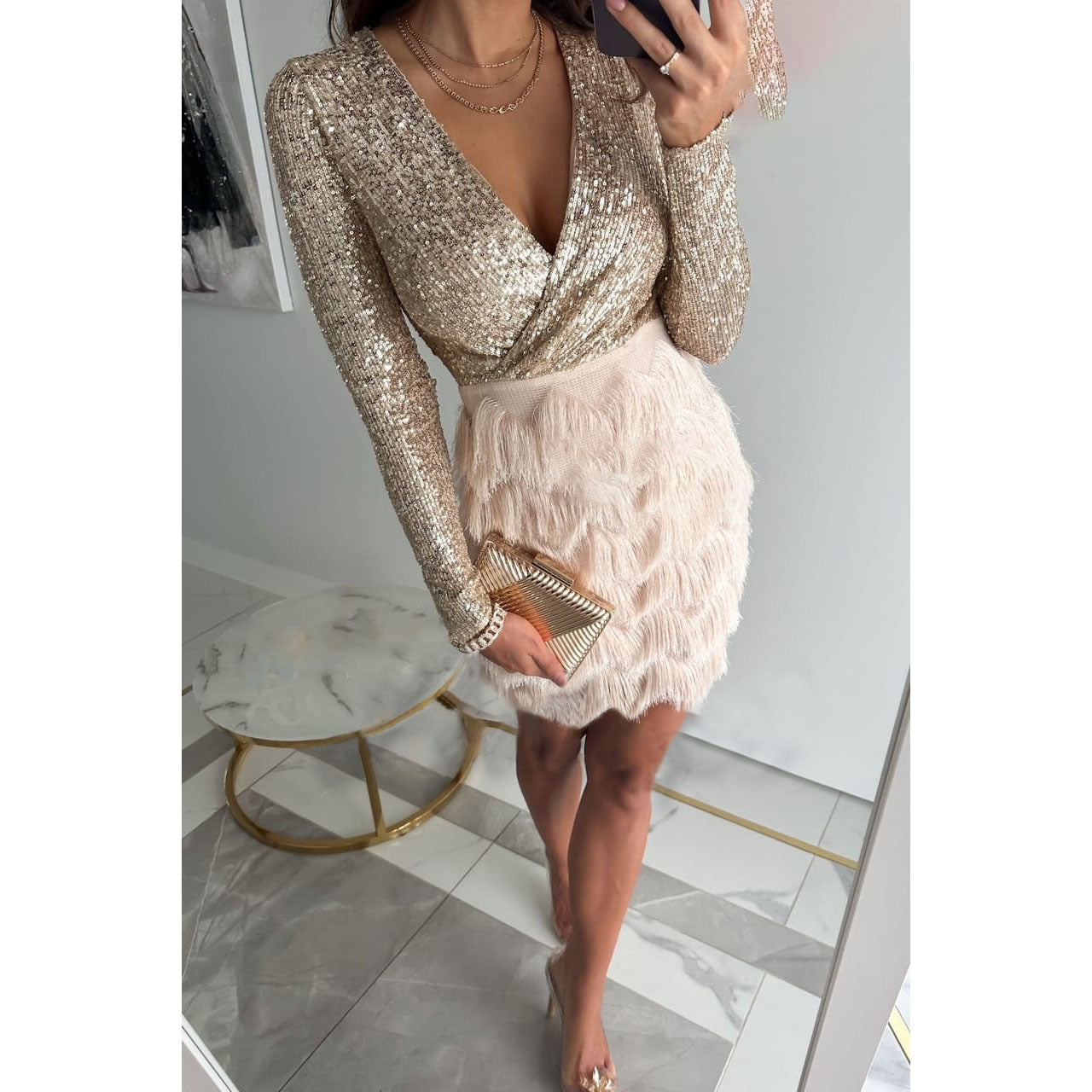 Women’s Glitter Mini Dress | Tailored Fit with Fringe Accents