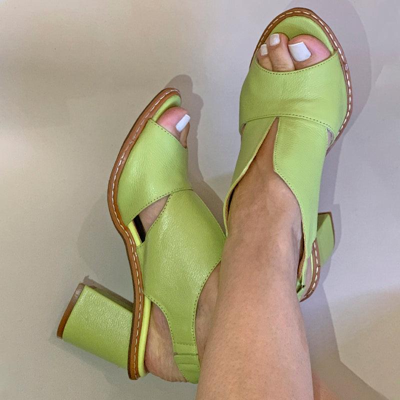 Women’s leather sandals with heel & comfort footbed – Selina-Lime green-2.5-Nora Luxe