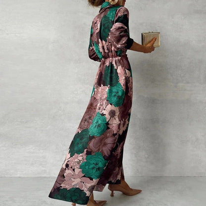 Women's Maxi Dress with Large-Scale Floral Print V-Neckline Long Sleeves and Tie Waist Belt