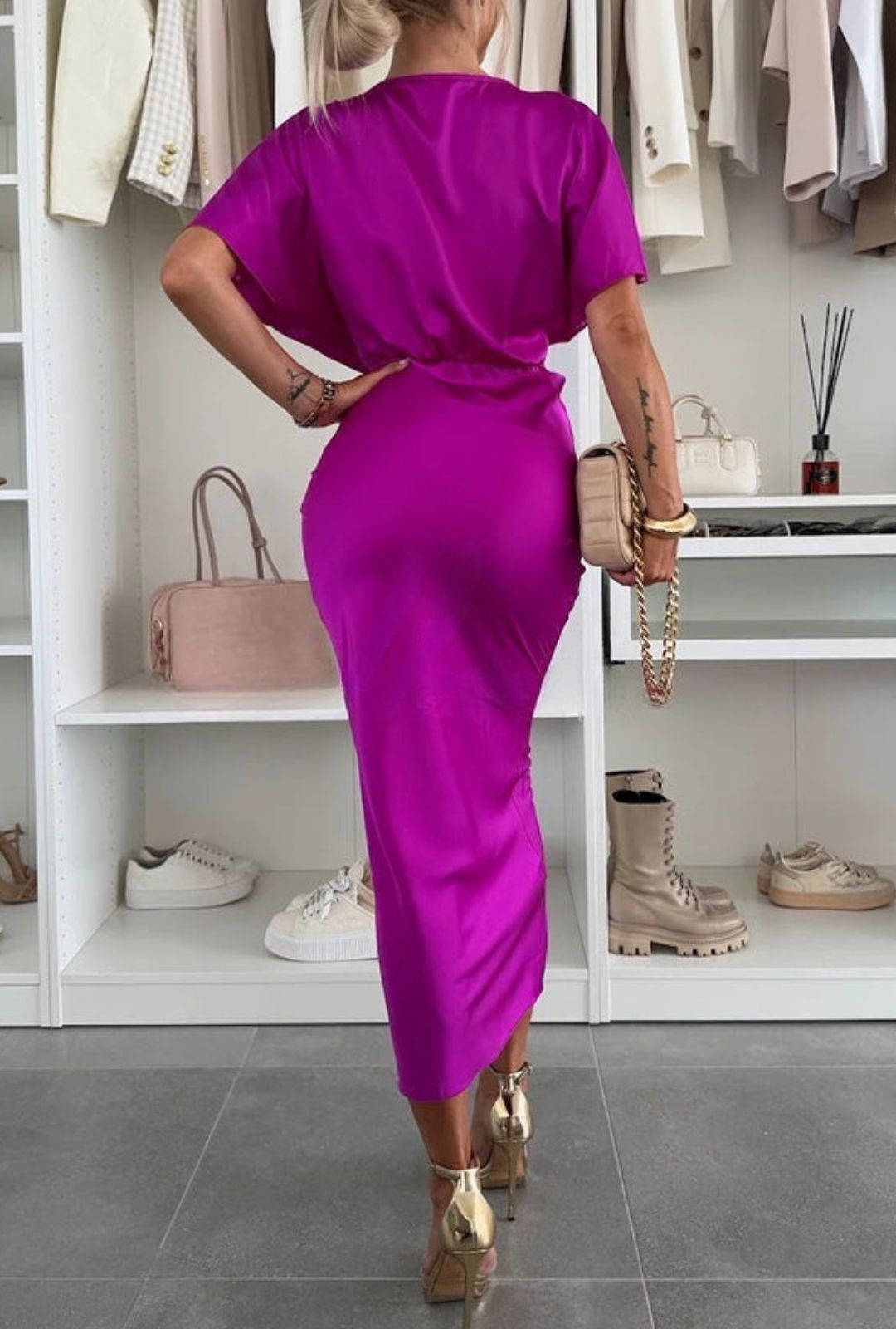 Women's Midi Dress with Deep V-Neckline Twisted Front Knot Detail and Flutter Sleeves