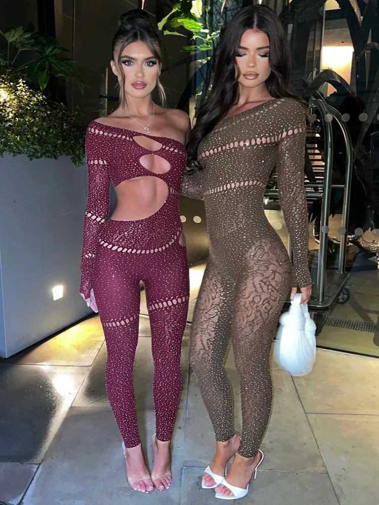 Women’s Off-Shoulder Rhinestone Jumpsuit | Stretch Fit | Party-to-Evening Wear