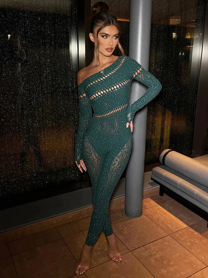 Women’s Off-Shoulder Rhinestone Jumpsuit | Stretch Fit | Party-to-Evening Wear