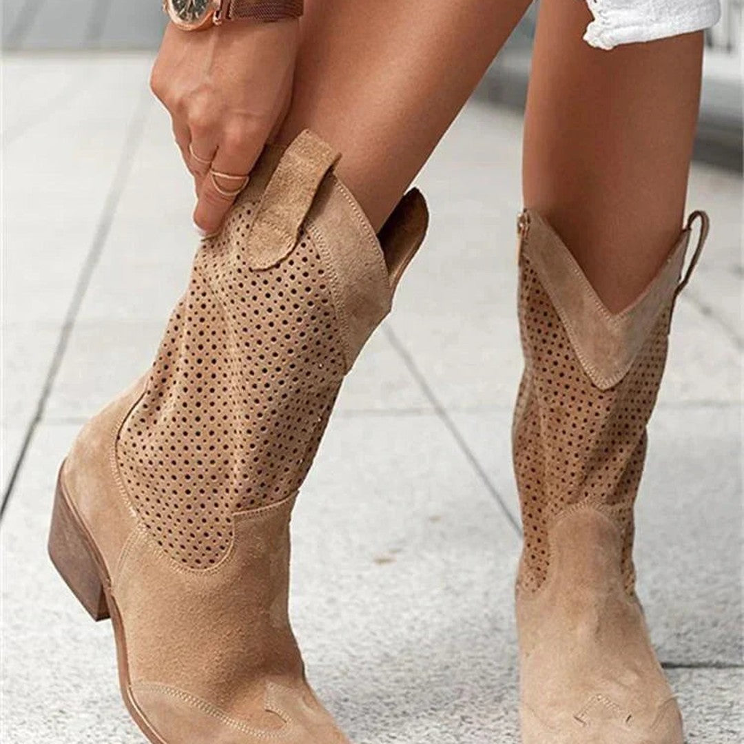Women's Perforated Mid-Calf Western Boots with Side Zip and Block Heel