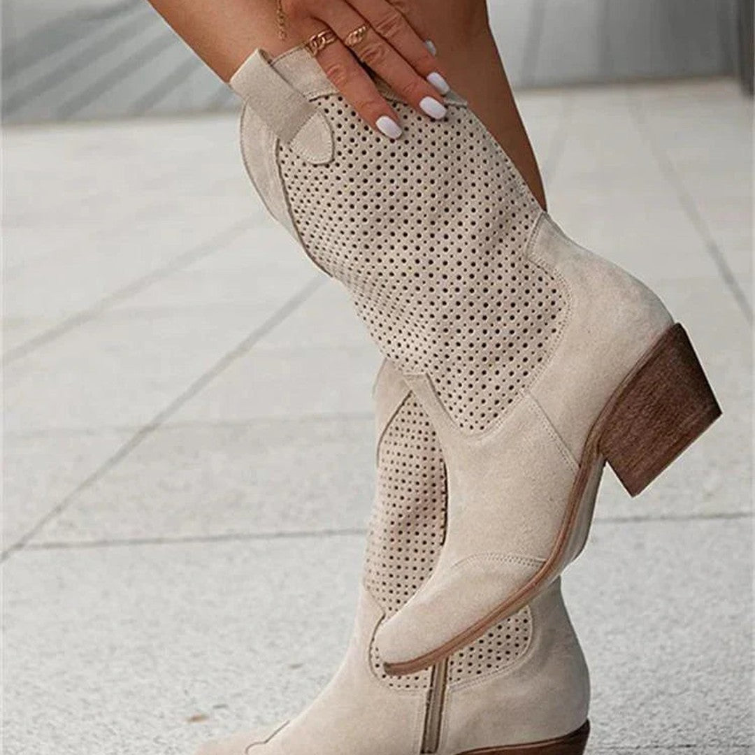 Women's Perforated Mid-Calf Western Boots with Side Zip and Block Heel