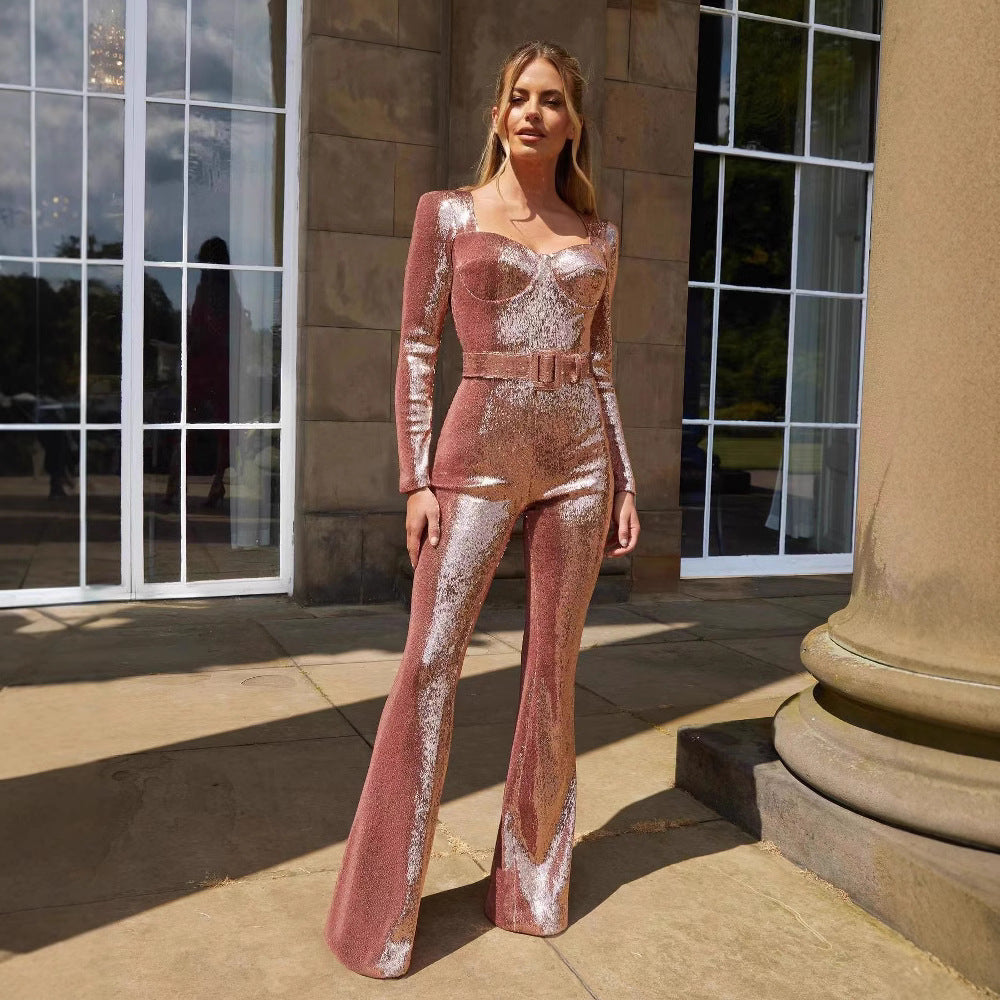 Women's Sequin Belted Jumpsuit | Long Sleeve | Evening Wear One-Piece