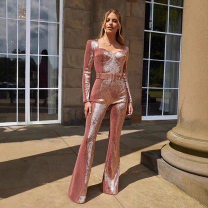 Women's Sequin Belted Jumpsuit | Long Sleeve | Evening Wear One-Piece