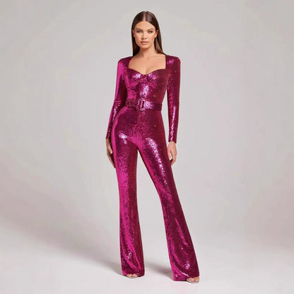 Women's Sequin Belted Jumpsuit | Long Sleeve | Evening Wear One-Piece