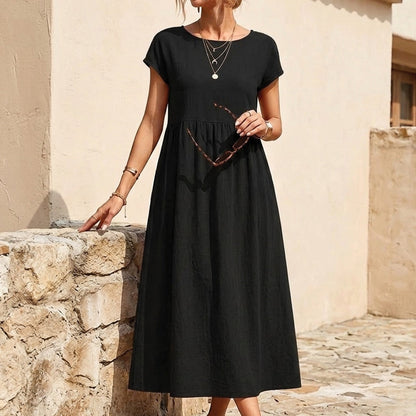 Women's Short Sleeve Midi Dress with Round Neckline and Gathered Waist Seam