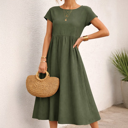 Women's Short Sleeve Midi Dress with Round Neckline and Gathered Waist Seam