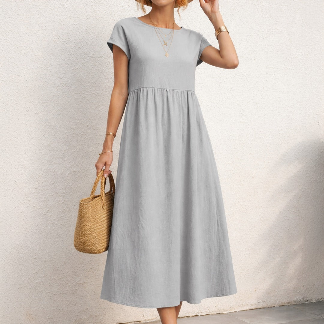 Women's Short Sleeve Midi Dress with Round Neckline and Gathered Waist Seam