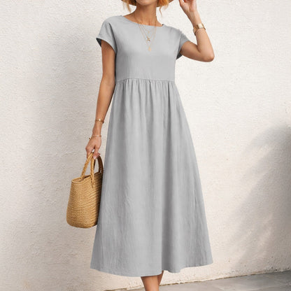 Women's Short Sleeve Midi Dress with Round Neckline and Gathered Waist Seam