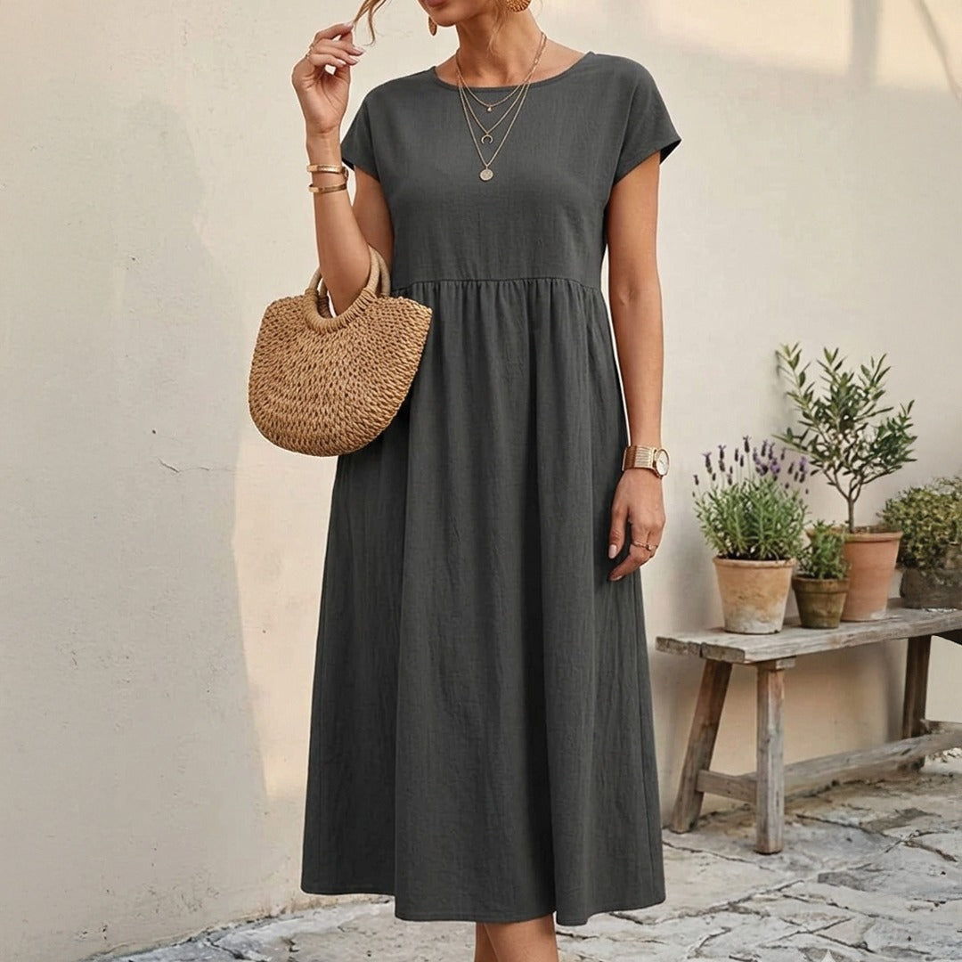 Women's Short Sleeve Midi Dress with Round Neckline and Gathered Waist Seam