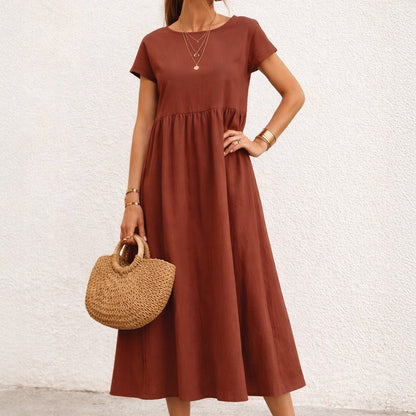 Women's Short Sleeve Midi Dress with Round Neckline and Gathered Waist Seam