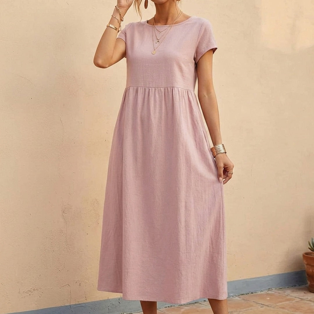 Women's Short Sleeve Midi Dress with Round Neckline and Gathered Waist Seam