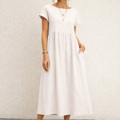 Women's Short Sleeve Midi Dress with Round Neckline and Gathered Waist Seam