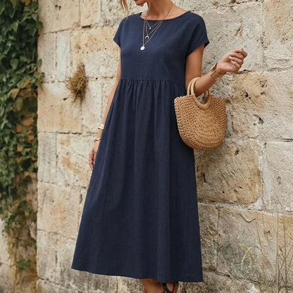 Women's Short Sleeve Midi Dress with Round Neckline and Gathered Waist Seam