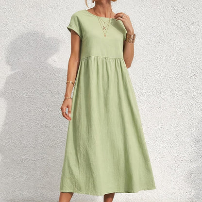 Women's Short Sleeve Midi Dress with Round Neckline and Gathered Waist Seam
