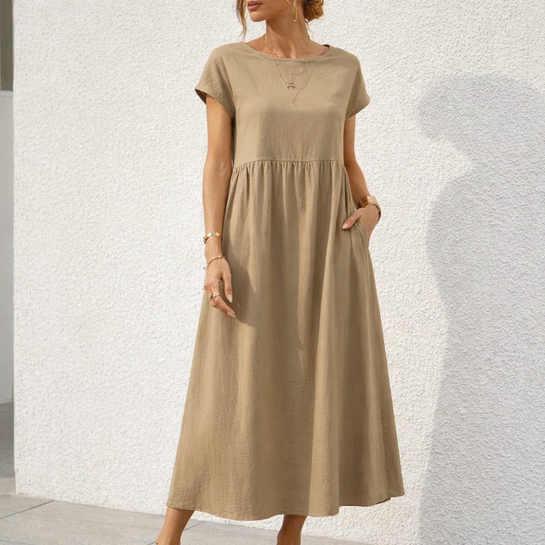 Women's Short Sleeve Midi Dress with Round Neckline and Gathered Waist Seam