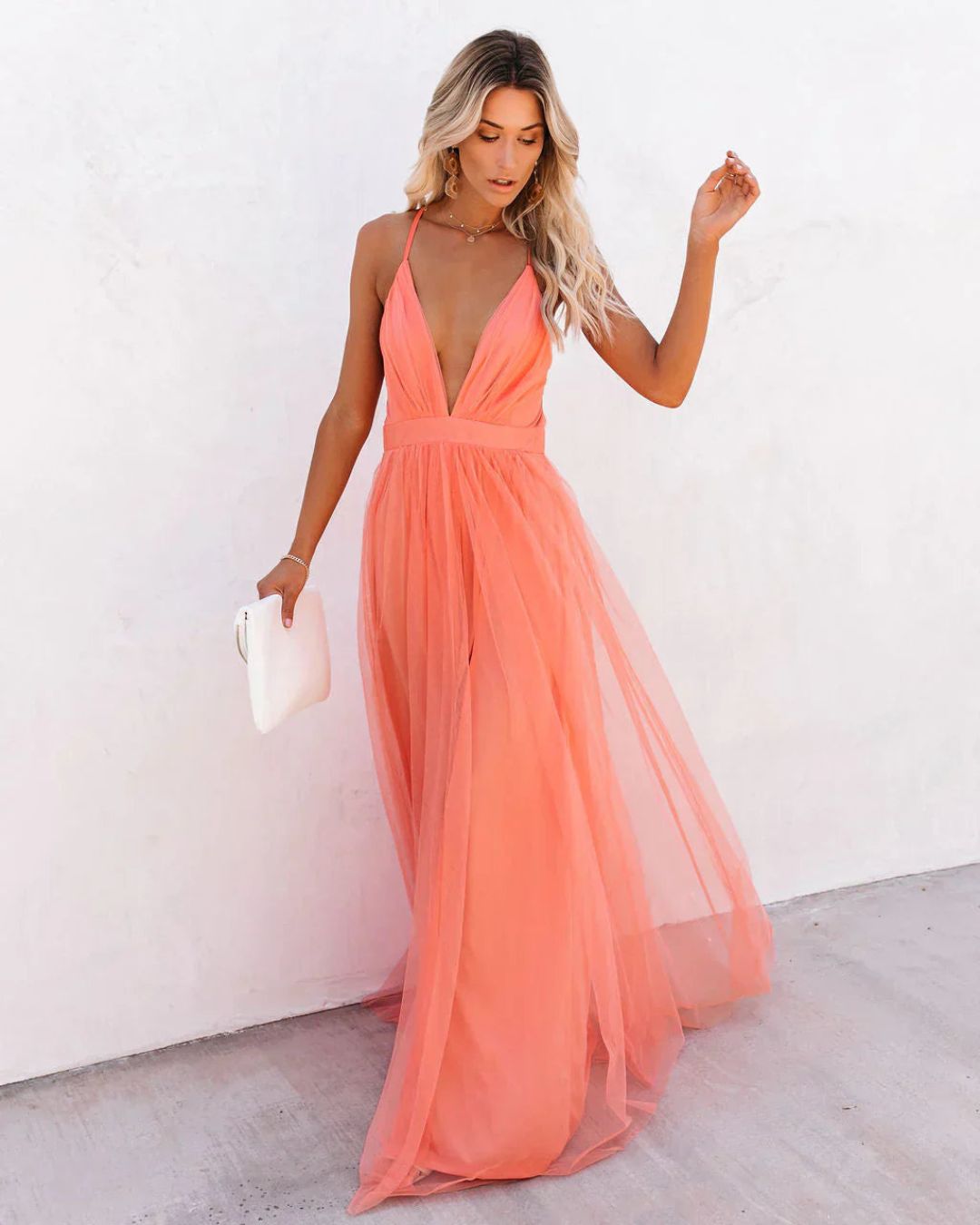 Women's Tulle Floor Length Dress with Plunge Neckline and Open Back