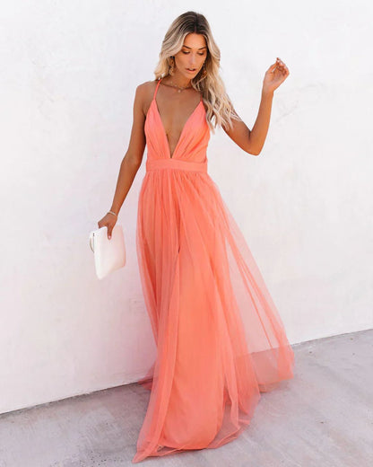 Women's Tulle Floor Length Dress with Plunge Neckline and Open Back