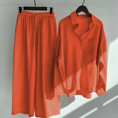 Women's Two-Piece Button-Front Shirt and Wide-Leg Trousers Set with Drawstring Waist