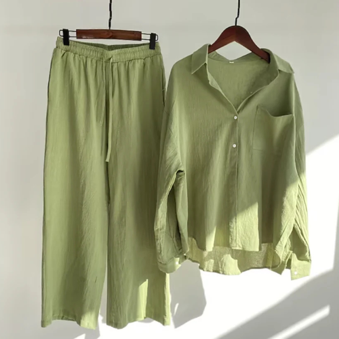 Women's Two-Piece Button-Front Shirt and Wide-Leg Trousers Set with Drawstring Waist