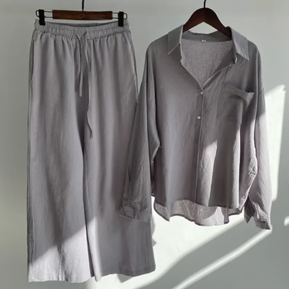 Women's Two-Piece Button-Front Shirt and Wide-Leg Trousers Set with Drawstring Waist