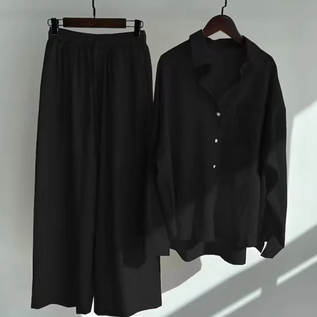Women's Two-Piece Button-Front Shirt and Wide-Leg Trousers Set with Drawstring Waist