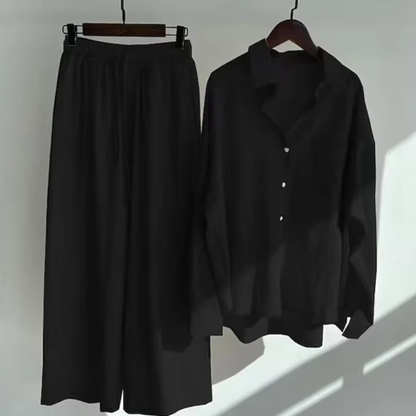 Women's Two-Piece Button-Front Shirt and Wide-Leg Trousers Set with Drawstring Waist