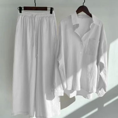 Women's Two-Piece Button-Front Shirt and Wide-Leg Trousers Set with Drawstring Waist