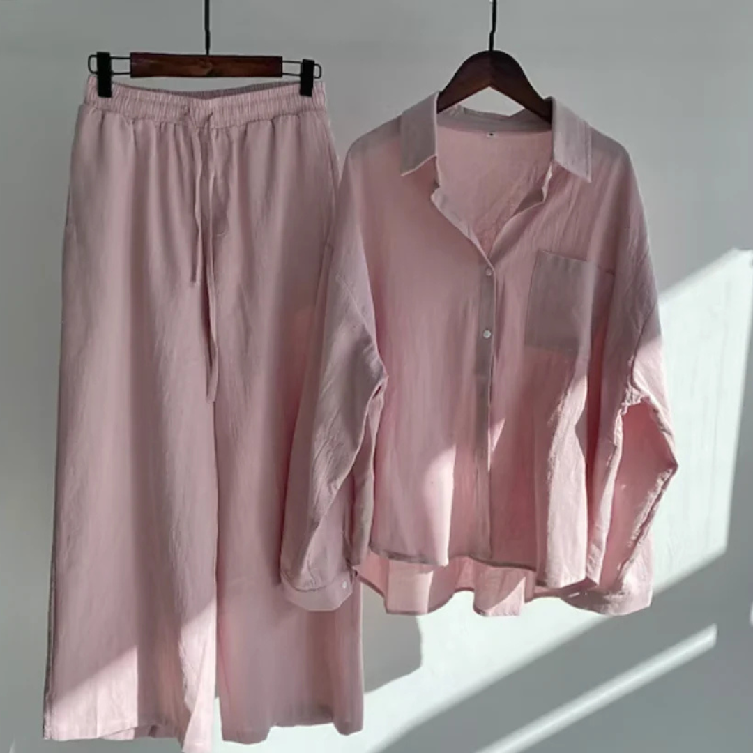 Women's Two-Piece Button-Front Shirt and Wide-Leg Trousers Set with Drawstring Waist