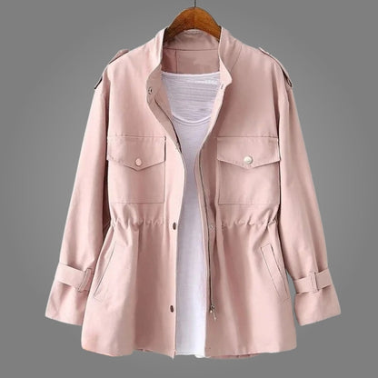Women's Utility Jacket with Elasticated Waist and Snap Button Chest Pockets and Centre Front Zip Closure